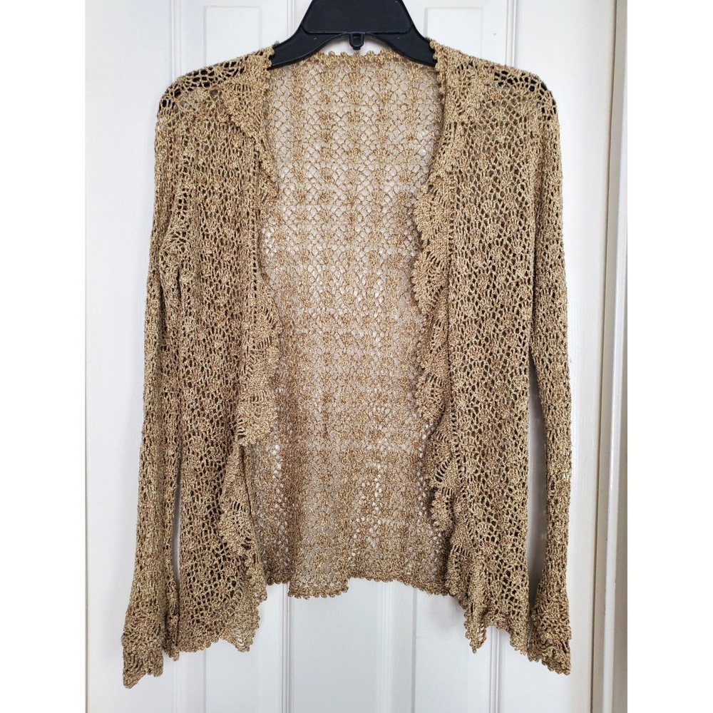 Fairycore‎ Cardigan Gold Tan Open Knit Crochet Ruffle Trim Shrug Bolero Boho S